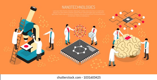 Nano technologies isometric composition on orange background with scientists, human brain with micro chip horizontal vector illustration