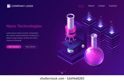 Nano technologies isometric landing page, electronic microscope, glass lab flask with pink liquid and neon glow processors in chemical laboratory, biotechnology science, research. 3d vector web banner