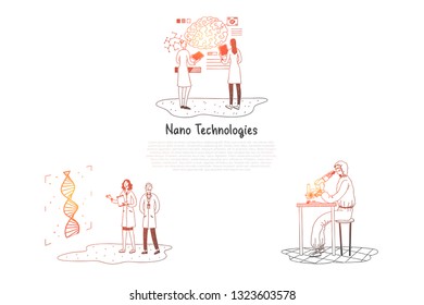 Nano technologies - scientists making research in laboratories vector concept set. Hand drawn sketch isolated illustration