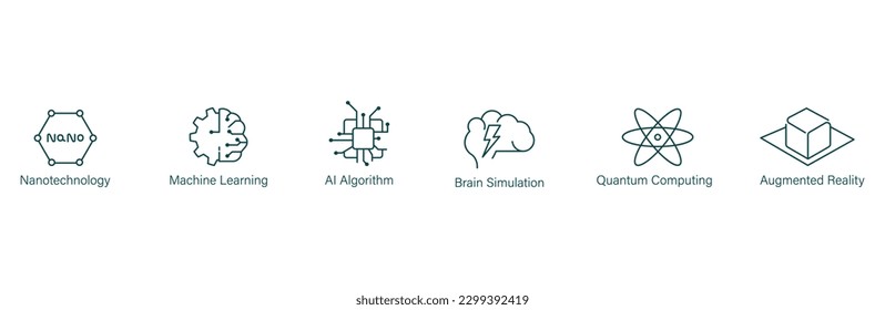 tecnología nano, aprendizaje profundo, algoritmo ai, estimulación cerebral, computación cuántica, conjunto de iconos de realidad aumentada ilustración vectorial 