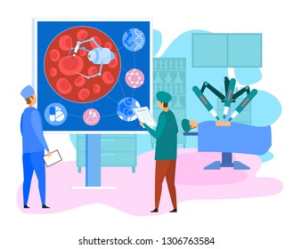 Nano Technology and Robotic Surgery. Robot in Remote Medicine. Blood Cells Intervention. Doctors Use AI. Futuristic Technology. Robot Innovation. Artificial Intelligence Concept. Vector EPS 10.