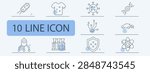 Nano technology set icon. Bacteria form, smart shirt, virus form, dna helix, circuit board, car particles, robot drone, test tubes, shield dots, atom symbol. Light blue circles accent thin outlines.