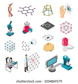 Nano Technology Set Of Isometric Icons With Scientific Laboratory, Grids And Particles, Medical Innovation Isolated Vector Illustration 