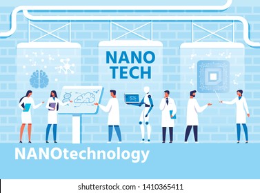 Nano Techology Development Flat Cartoon Banner. Vector Scientific Laboratory and Coworking Researchers and Humanoid. Micro Chip for Human Brain Creation Process. Nanomedicine, Engineering Illustration