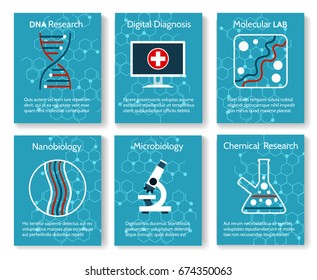 Nanobiology and microbiology research backgrounds. Vector medical and chemical dna testing laboratory card templates for healthy clinical concepts