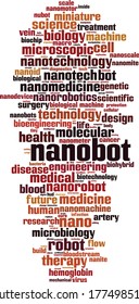 Nanobot Wort Cloud Konzept. Kollage aus Wörtern über Nanobot. Vektorgrafik 