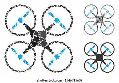 Nanocopter composition of irregular elements in different sizes and shades, based on nanocopter icon. Vector raggy elements are composed into collage. Nanocopter icons collage with dotted pattern.