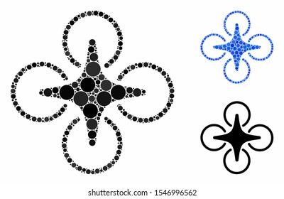 Nanocopter composition of spheric dots in variable sizes and color tones, based on nanocopter icon. Vector dots are united into blue composition. Dotted nanocopter icon in usual and blue versions.