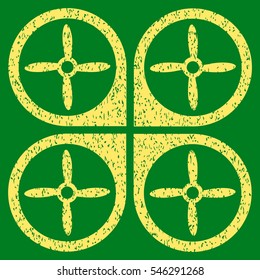 Nanocopter grainy textured icon for overlay watermark stamps. Flat symbol with scratched texture. Dotted vector yellow ink rubber seal stamp with grunge design on a green background.