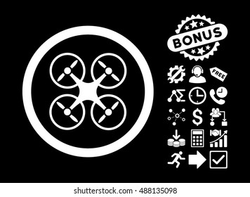 Nanocopter icon with bonus clip art. Vector illustration style is flat iconic symbols, white color, black background.