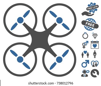 Nanocopter icon with bonus decorative symbols. Vector illustration style is flat iconic cobalt and gray symbols on white background.