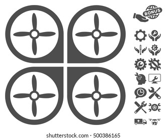 Nanocopter icon with bonus service design elements. Vector illustration style is flat iconic symbols, gray color, white background.