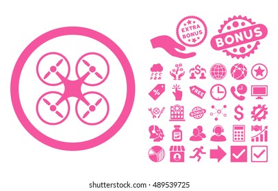 Nanocopter icon with bonus symbols. Vector illustration style is flat iconic symbols, pink color, white background.