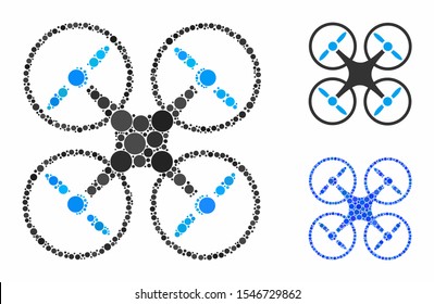 Nanocopter mosaic of filled circles in different sizes and color tones, based on nanocopter icon. Vector small circles are organized into blue mosaic.
