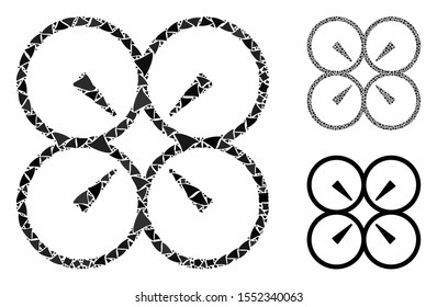 Nanocopter mosaic of inequal items in different sizes and shades, based on nanocopter icon. Vector ragged parts are organized into mosaic. Nanocopter icons collage with dotted pattern.