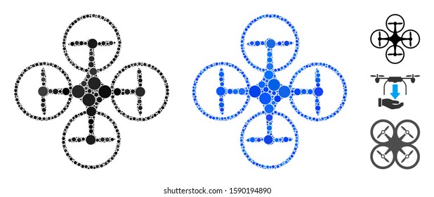 Nanocopter mosaic of small circles in different sizes and color tints, based on nanocopter icon. Vector filled circles are grouped into blue mosaic. Dotted nanocopter icon in usual and blue versions.