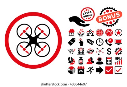 Nanocopter pictograph with bonus design elements. Vector illustration style is flat iconic bicolor symbols, intensive red and black colors, white background.
