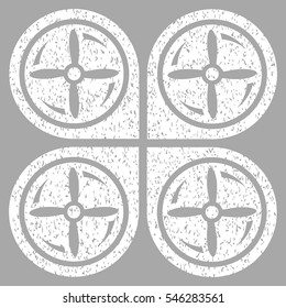 Nanocopter Screws Rotaion grainy textured icon for overlay watermark stamps. Flat symbol with dirty texture. Dotted vector white ink rubber seal stamp with grunge design on a silver background.