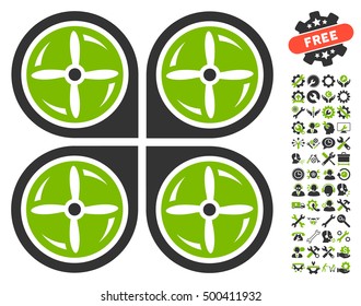 Nanocopter Screws Rotaion icon with bonus configuration icon set. Vector illustration style is flat iconic symbols, eco green and gray colors, white background.