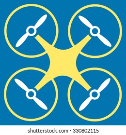 Nanocopter vector icon. Style is bicolor flat symbol, yellow and white colors, rounded angles, blue background.