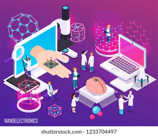 Nanoelectronics isometric composition with icons demonstrated scientific achievements in microbiology and modern medicine vector illustration