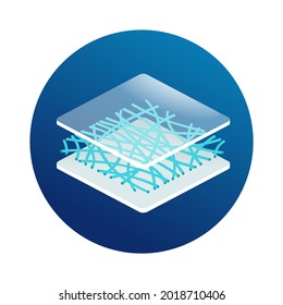 Nanofiber 3D icon - textile with diameters in nanometer range, generated from different polymers with different physical properties. Membrane isometric emblem. Vector illustration