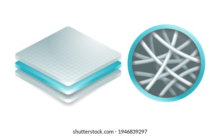 Nanofiber icon - textile fibers with diameters in nanometer range, generated from different polymers with different physical properties. Membrane isometric 3D emblem. Vector illustration