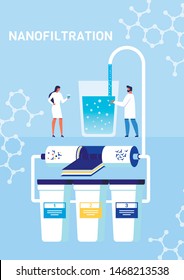Nanofiltration and Classification Nano Particles Process Presentation. Cartoon Print Poster or Mobile Page. Huge Filtration Plant, Nanoliquid in Glass and Small Scientists. Vector Flat Illustration