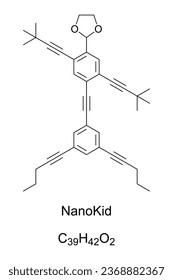 NanoKid, a NanoPutian, chemical formula and skeletal structure. Organic molecule resembling the human form, sequenced for chemical education. NanoPutian is a portmanteau of nanometer and lilliputian.