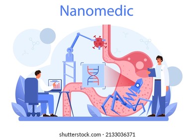 Nanomedic. Doctors work with nanoparticle and biotechnology. Nanomedicine disease prevention, diagnostic and treatment. Vector flat illustration.