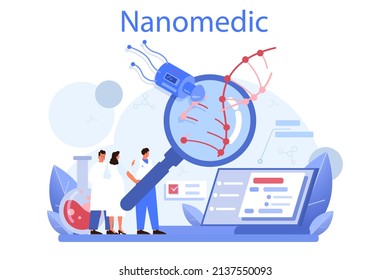Nanomedic. Doctors work with nanoparticle and biotechnology. Nanomedicine disease prevention, diagnostic and treatment. Vector flat illustration.