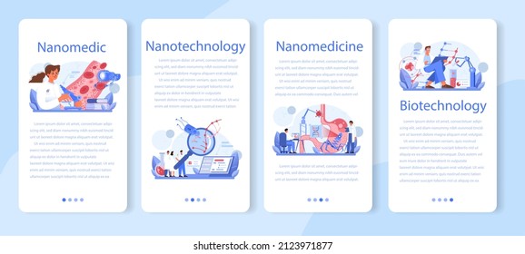 Nanomedic mobile application banner set. Doctors work with nanoparticle and biotechnology. Nanomedicine disease prevention, diagnostic and treatment. Vector flat illustration.