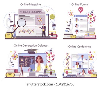 Nanomedic online service or platform set. Scientists work in labarotary on nanotechnology. Online forum, magazine, conference, dessertation defense. Vector illustration.