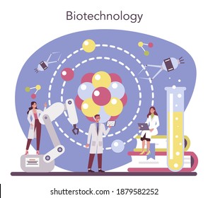 Nanomedic. Scientists work in labarotary on nanotechnology. Nanomedicine apply the knowledge of biotechnology to make cure and prevent the treatment of disease. Vector illustration.