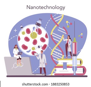Nanomedic. Scientists work in labarotary on nanotechnology. Nanomedicine apply the knowledge of biotechnology to make cure and prevent the treatment of disease. Vector illustration.