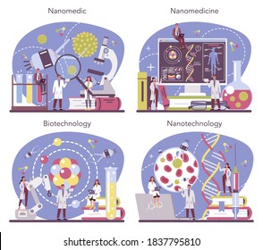 Nanomedic set. Scientists work in labarotary on nanotechnology. Nanomedicine apply the knowledge of biotechnology to make cure and prevent the treatment of disease. Vector illustration.