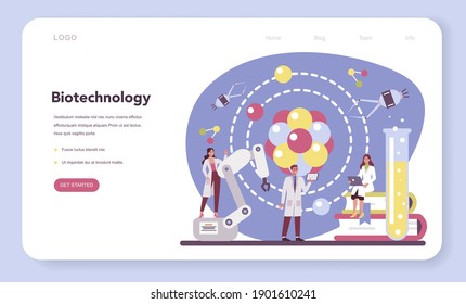 Nanomedic web banner or landing page. Scientists work in labarotary on nanotechnology. Nanomedicine apply the knowledge of biotechnology to make treatment of disease. Vector illustration.