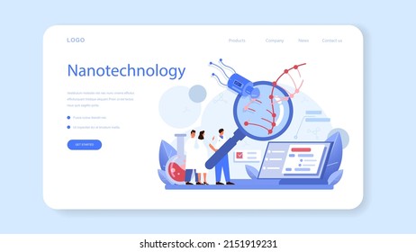 Nanomedic web banner or landing page. Doctors work with nanoparticle and biotechnology. Nanomedicine disease prevention, diagnostic and treatment. Vector flat illustration.