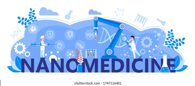 Nanomedicine concept vector. Scientists, doctors work in lab. Nanotechnology header illustration. Robotic hand helps in research. Nano innovation scientific progress banner for website, landing page. 