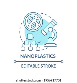Nanoplastics concept icon. Ecology idea thin line illustration. Plastic pollution. Microplastic particles under microscope. Vector isolated outline RGB color drawing. Editable stroke