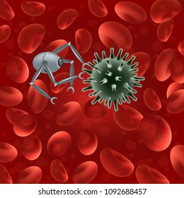 Nanorobots, 3D vector realistic image, small robots work with viruses and blood cells, improving human health by eliminating diseases innovative technologies in medicine.