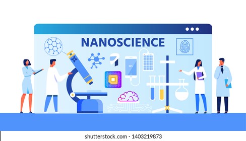 Nanoscience Advertising Metaphor Cartoon Banner with Speaking Scientists and Researchers about New Projects. Achievements and Developments in Nanomedicine and Nanotechnology Flat Vector Illustration