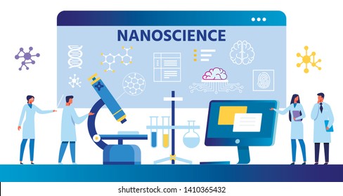 Nanoscience Flat Cartoon Composition with Scientists. Ad Banner for Scientific Nano Laboratory. Working Team Standing Near Huge Microscope, Computer over Digital Monitor. Vector Illustration