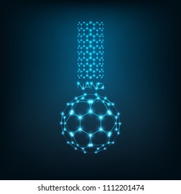 Nanoscience, Nanotechnology Concept With Carbon Nanotube And Buckyball Fullerene And Word Nano In Shape Of Chemical Beaker, Test Tube. Nano Logo. Polygonal Wireframe Lines And Dots Design Vector Image