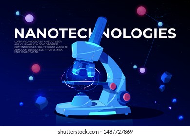 Nanotechnologies Cartoon Vector Conceptual Banner, Poster With Lab Microscope And Micro World Elementary Particles, Atoms Or Molecules Illustration. Modern Science Innovative Technology Concept