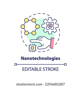 Icono de concepto de nanotecnologías. Proceso de tratamiento robótico. Entregar medicamentos a las células. Ilustración de línea delgada de ideas abstractas de avance tecnológico. Dibujo de contorno aislado. Trazo editable