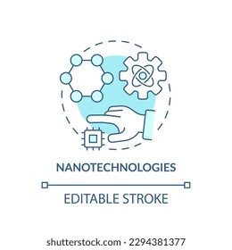 Das türkisfarbene Nanotechnologiesymbol. Robotisierung der Behandlung. Medikamente liefern. Technologischer Fortschritt abstrakte Idee dünne Linie Illustration. Einzeln Umrisszeichnung. Bearbeitbarer Hub