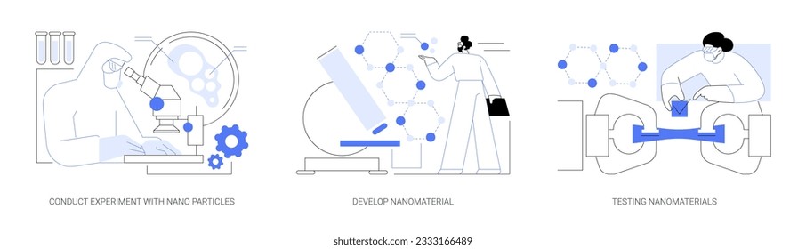 Conjunto de ilustraciones vectoriales de concepto abstracto de nanotecnología. Realizar experimentos con nanopartículas en laboratorio, desarrollar y probar nanomaterial, propiedades químicas de nanofibras metáforas abstractas.