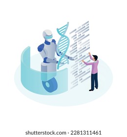 Nanotechnology artificial intelligence isometric icon with scientist using interactive screen 3d vector illustration