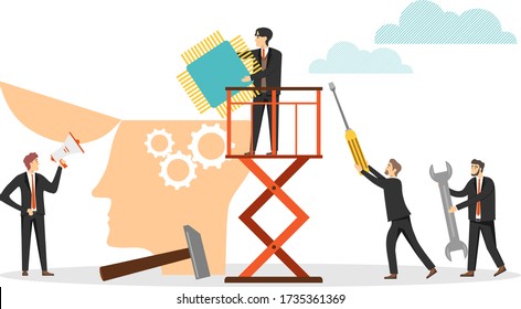 Nanotechnology. Chipping. A group of people mini characters change the chip in the head of a person. Vector illustration. Vector.